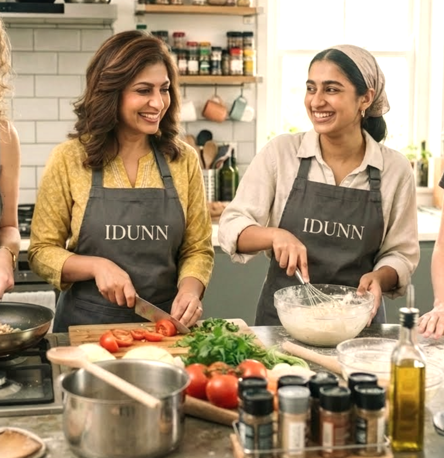 Four women cooking together in IDUNN aprons