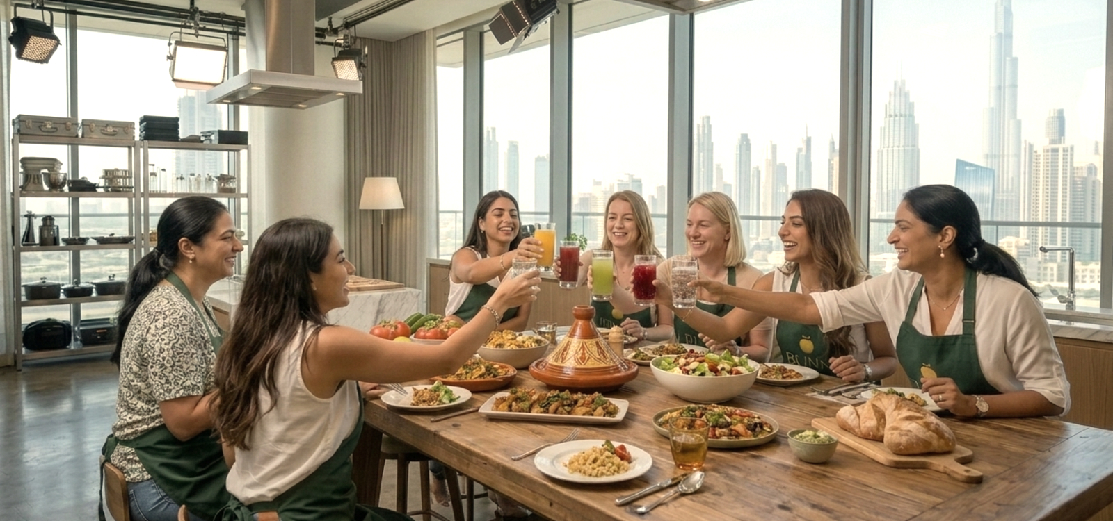 Women toasting around a long table